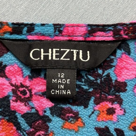 Cheztu Womens‎ Dress 12 Turquoise Blue Pink Floral Faux Wrap Ruffle Cottagecore - Picture 15 of 16